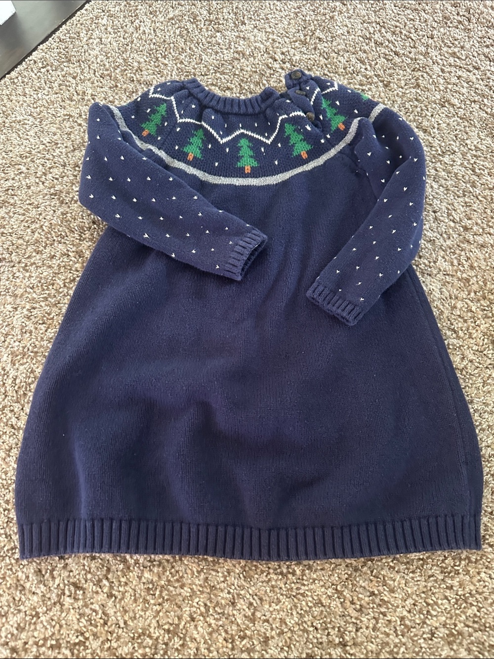 Hanna Andersson Navy Knit Dress with Green Tree Yoke